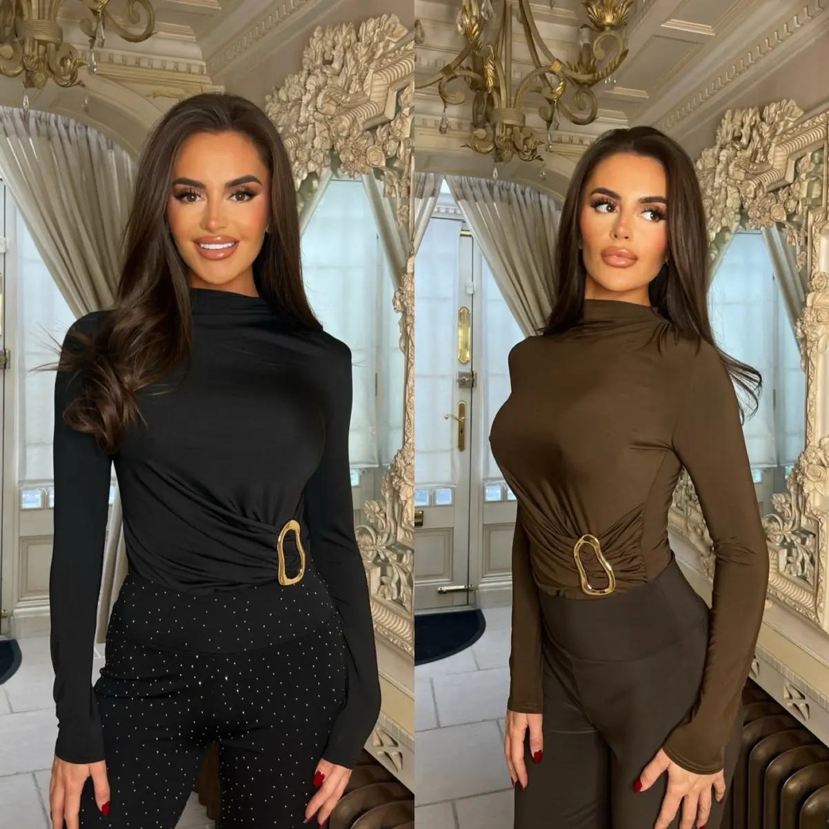 CLANCOFRANKO ‘Millie’ Buckle Ruched High Neck Long Sleeve Bodysuit