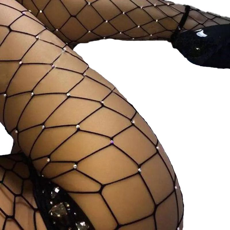 Black Big Fishnet Sparkly Diamante Embellished Rhinestone Crystal Glitter Diamond Tights Sexy Party Outfit Underwear Womenswear Fabric Comfortable Everyday Stretchy Lady Comfort Basic Minimalist lovely dress heels  stocking Bottoms Leggings 2