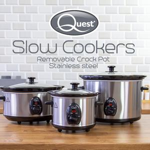 Quest Slow Cooker - Stainless Steel - 3 Temperature Settings - Transparent Toughened Glass Lid - Dishwasher Safe
