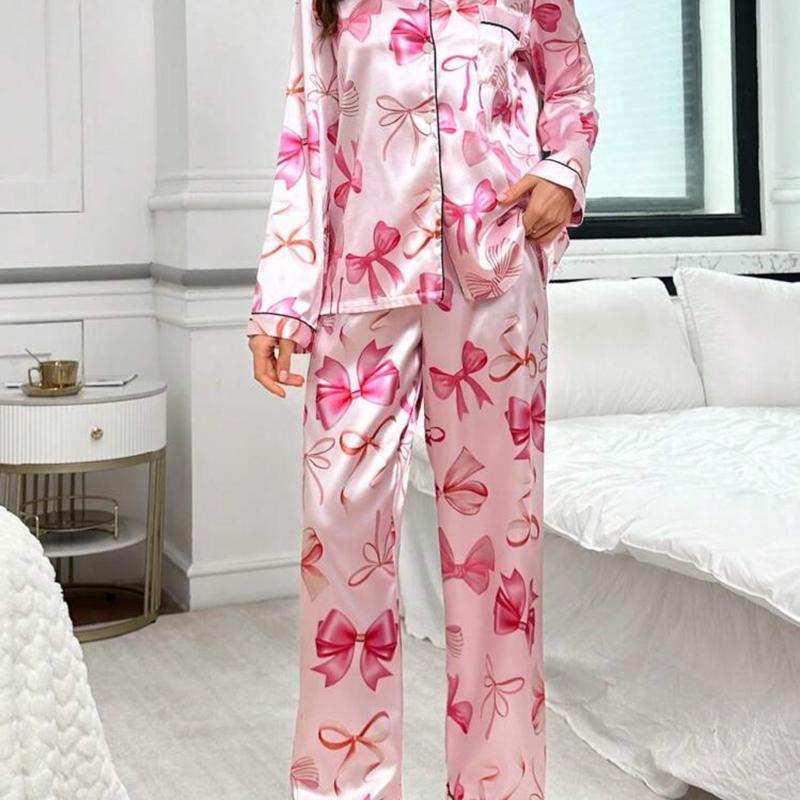 Bow-Knot Faux Silk Pajama Set with Shawl Collar and Long Sleeves for Women - Nightwear, Loungewear Womenswear Homewear Pjs Comfort Pyjamas Comfortable Soft Feminine Fit Floral Longsleeves 2