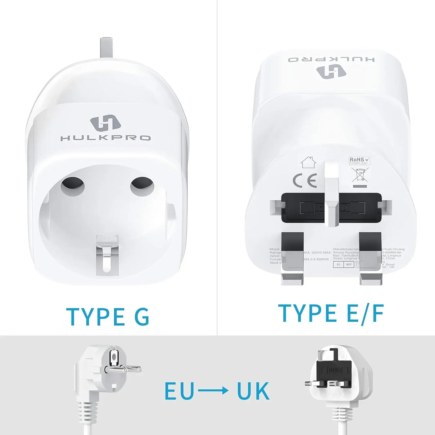 2 Pack European to UK Adapter, 13amp fuse 3250W, Plug Adaptor EU to UK Plug Adapter 2 Pin to 3 Pin for Travel