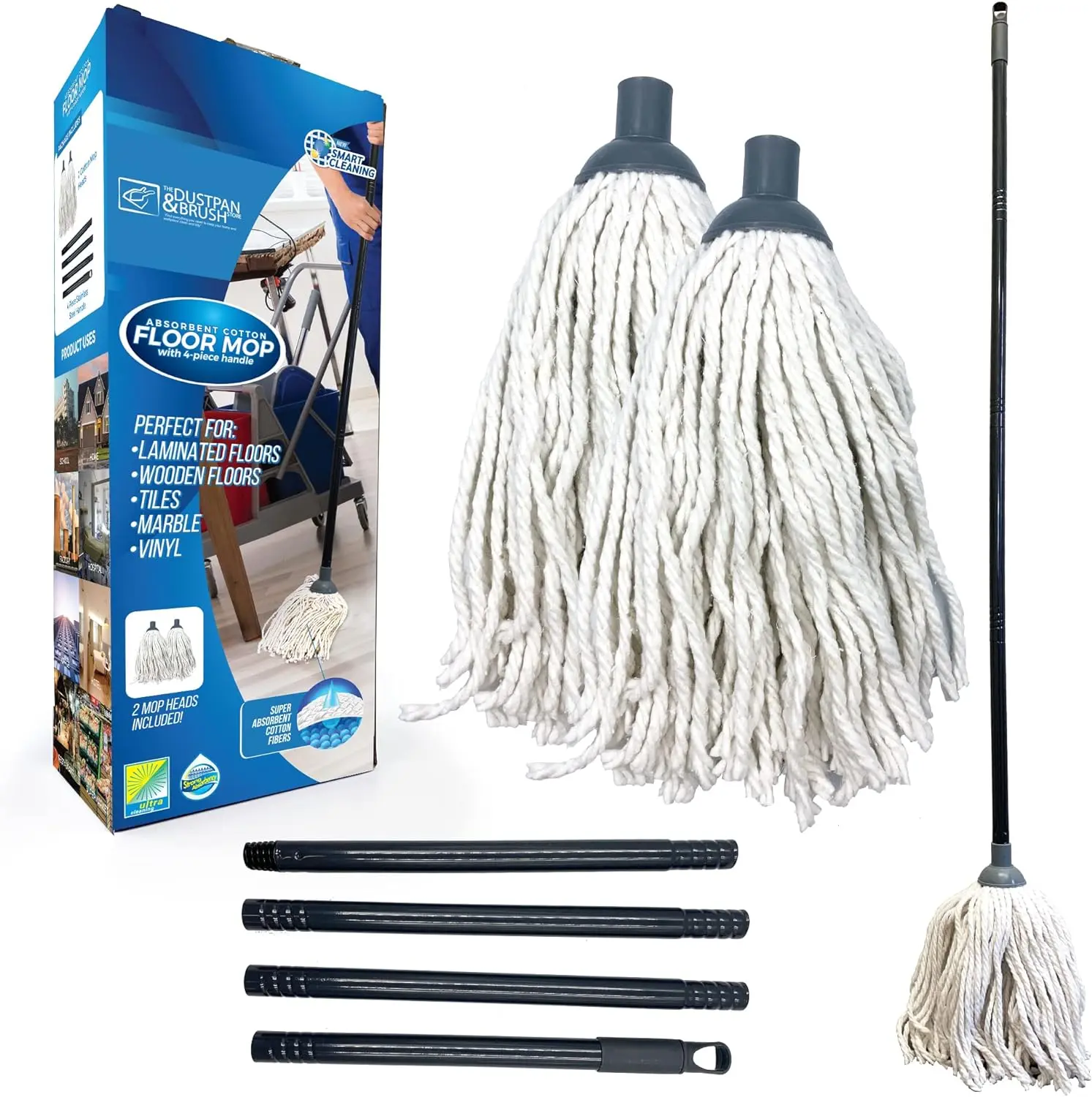 Floor Mops Mop System with Super Absorbent Cotton Mop Head, 110cm Metal Mop Handle and Extra Mop Head Refill Effective Cleaning Mop For Home, Office and Commercial Use