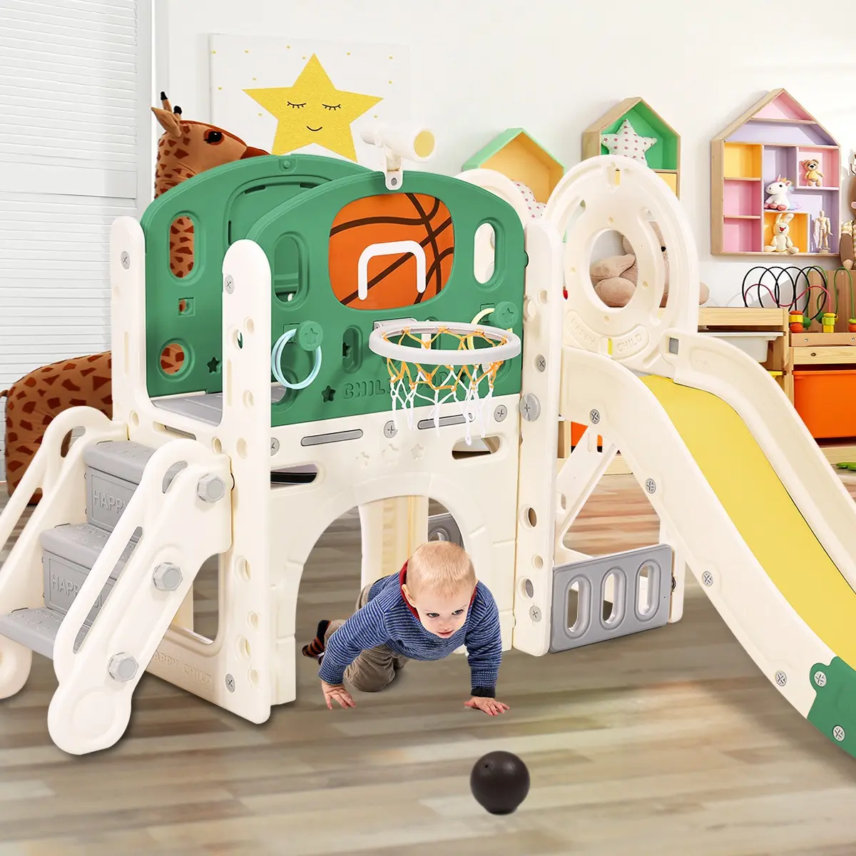 BTM Kids Toddler Slide Set for Children - 4 in 1 Children's Playground with Basketball Hoop, Climbing Ladder, Swing, and Slide for Indoor and Outdoor Use
