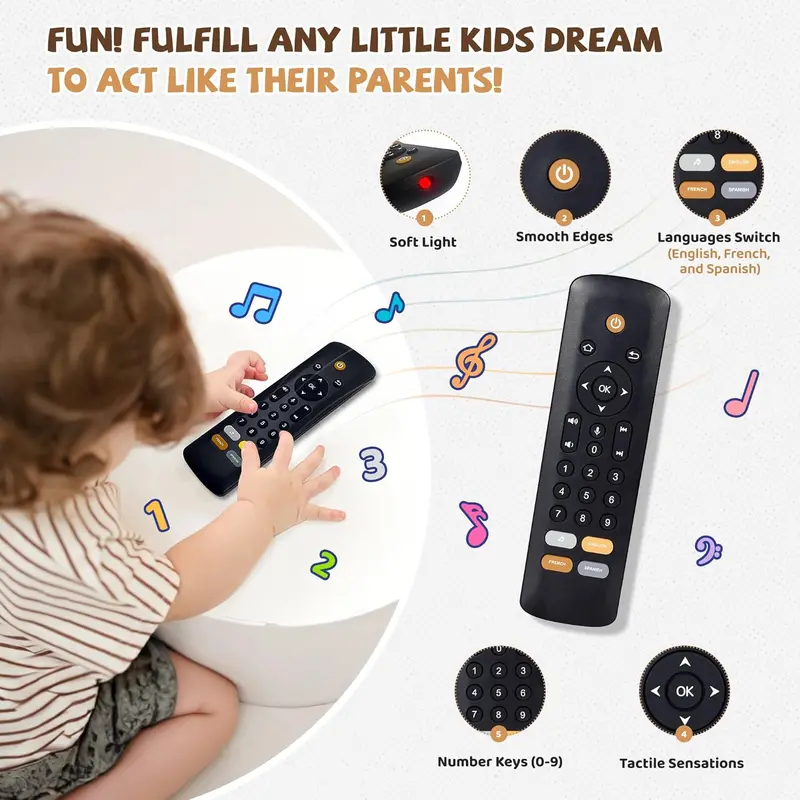 TV Remote Toy - Realistic Play Remote toy with Lights and Sounds, 3 Languages (English, Spanish & French), Learning Musical Toys, Preschool Infant Boys Girls Toys Gift for 1 2 Year Old, Black 1