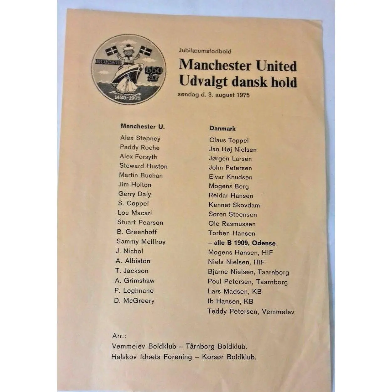 Udvalgt Dansk Hold v Manchester Utd Friendly Match Programme 3rd August 1975.