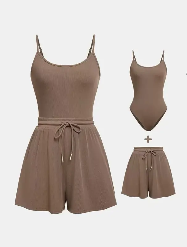 Women Abjustable Strap Cami Bodysuit & Drawstring Wide Leg Shorts Set, Casual Round Neck Sphaghetti Strap Bodysuit &Elastik Shorts Set, Back to School Womens Wear for Summer, Travel Adjustable Comfort 1
