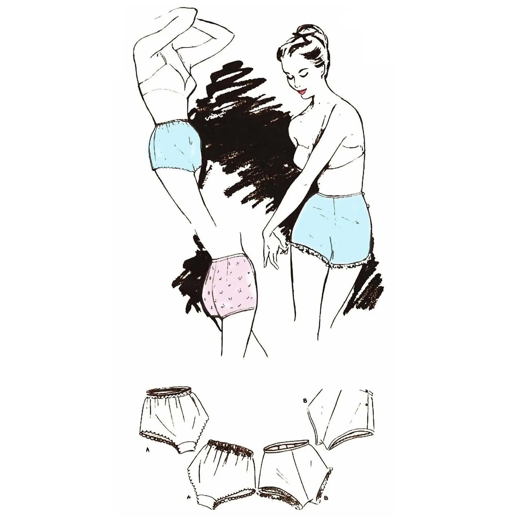 Women's WWII Panties - 1940's Lingerie Sewing Pattern, High-Waist Knickers with Lace Hem - Womenswear