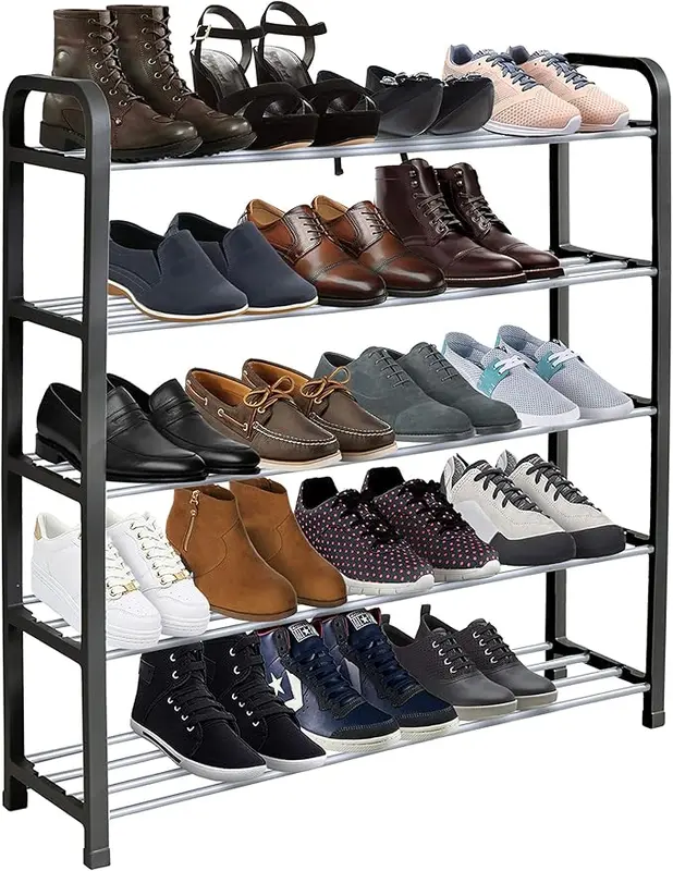 5 Tier Shoe Slots Rack - Space Saving Shoe Storage Organiser with Quick, Tool-Free Assembly - Shoe Slots Holds 15-20 Pairs - Dimensions (L) 75.5cm x (W) 18.5cm x (H) 75.5cm - Black Metal Minimalist Multicolor Slide 1