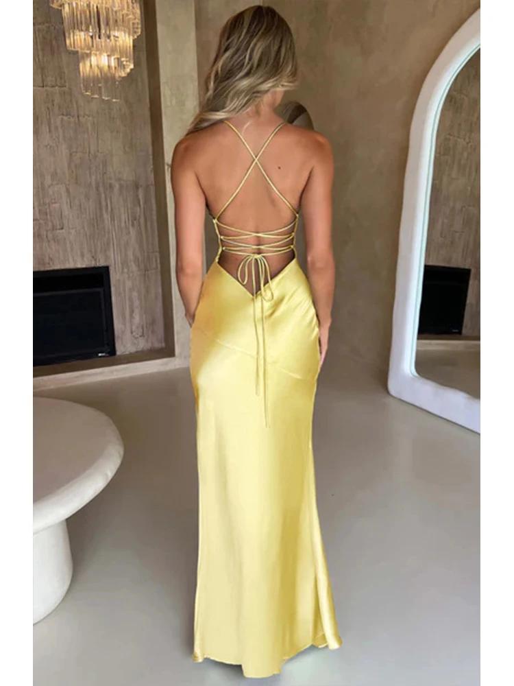 Product Introduction of Bandage Backless Elegant Dress Split Hem Spaghetti Strap Slim Cocktail Party Club Fashion Satin Solid Lace-Up Long Dresses 7