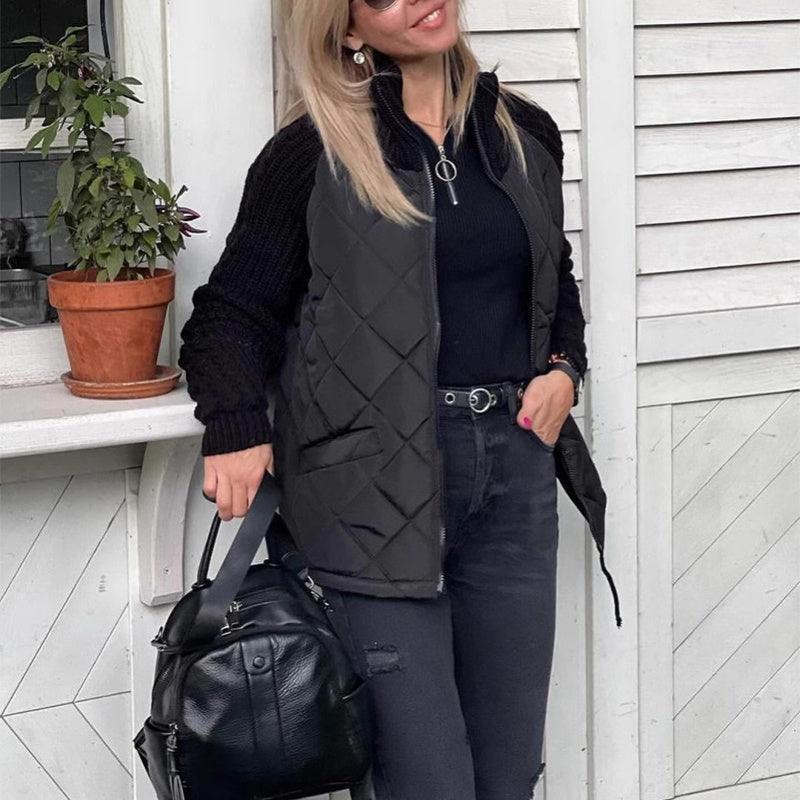 Women Stand Collar Fashion Knitted Stitching Jacket Womenswear coat solid minimalist Fabric Knitwear Army Check Garment Hoodie 7