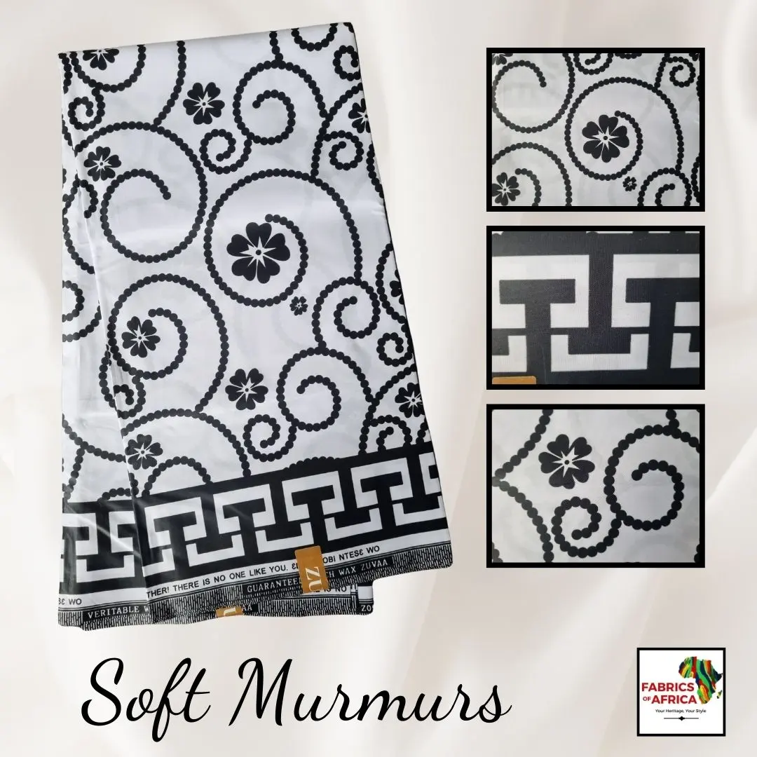 African Ankara Wax Print Fabric Black & White 6 Yards Polycotton - Soft Murmurs