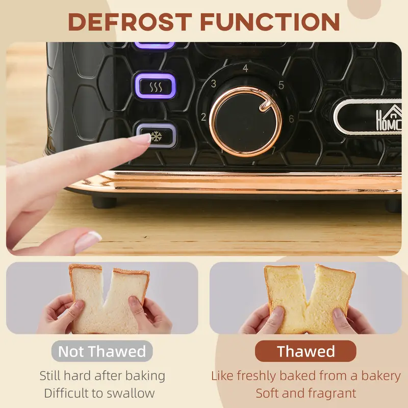 HOMCOM 4 Slice Toaster with 7 Browning Levels, High Lift, Reheat/Defrost/Cancel, Self-centring Function, Removable Crumb Tray, Auto Off, 1600W, Black Honeycomb Texture 3
