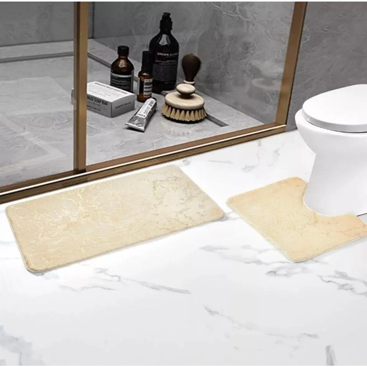 GC GAVENO CAVAILIA 2 Piece Marble Bath Mat Non Slip Highly Water Absorbent Bathroom Rug,Glitter Bath Mats with Pedestal Mat Black