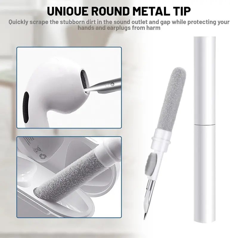 AirPod Cleaning Kit,3-in-1 Cleaning Pen Electronics Cleaning Brush Earphones Cleaner Accessories, Earphone Cleaning Kit,Wireless Earbuds Clean Penwith Soft Brush, Sponge, Metal Tip(White) 2