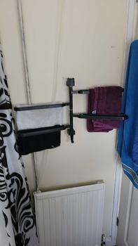 Product Review of Wall Mounted Towel Rack, 1 Count Multi Layer Punch Free Towel Holder with Hook, 180 Degree Rotatable Towel Storage Rack, Home Organizer for Bathroom from M**y 0