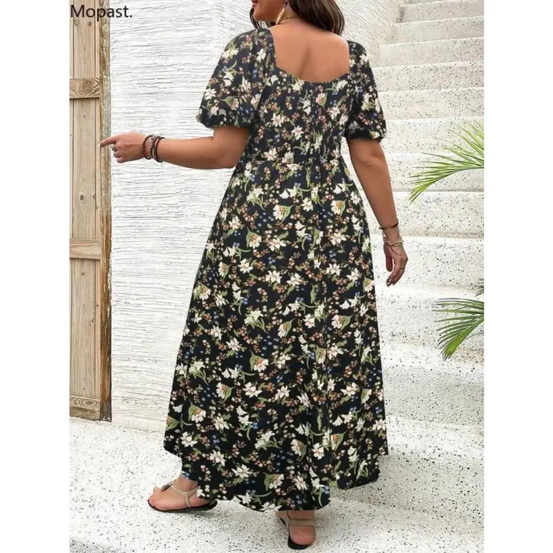 【Plus Size】 Ditsy Floral Print Split Thigh Dress, Boho Puff Sleeve Tie Front Sundresses, Maxi Dress, Summer Dresses 2024, Daily Wear Ella Thomas Coming Home Outfit, Wedding Guest College Dress Hide Tummy Black Party Dresses, UK Green Dress Lady 8