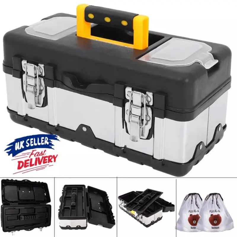 Heavy Duty PP+Stainless Steel Tool Box Chest Storage Case with Removable Tray