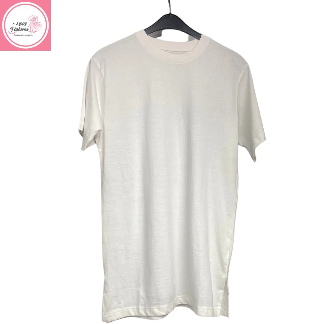Men's White Cotton Long Shirt With Crewneck With A Split At The Bottom Of The Shirt Menswear Top Underwear Casual Plain Tropical Builders Wear Simple Minimalist Classic Cotton Day Short Sleeves Stretch Streetwear