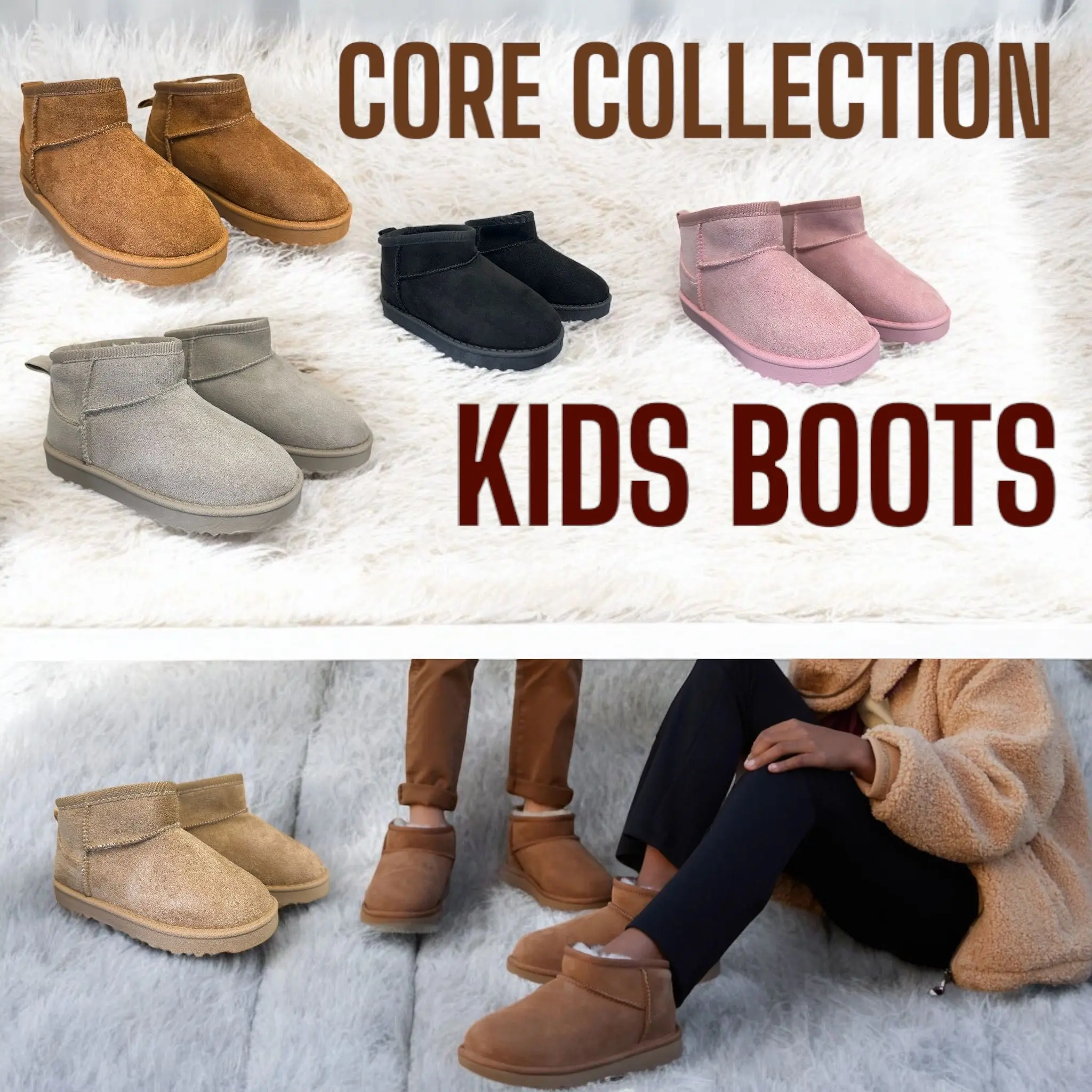 KIDS MINI BOOTS WARM WINTER FAUX FUR LINED HUG SNUGG ANKLE SHOES
