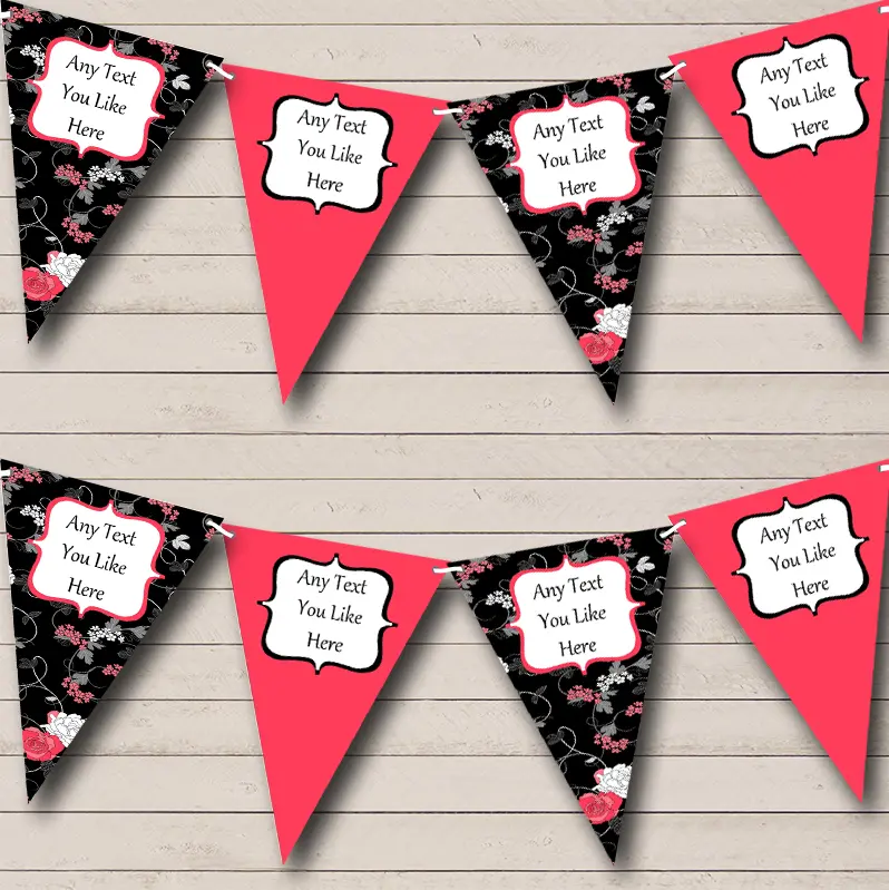 Black Coral Floral Shabby Chic Personalised Birthday Party Bunting - Personalised Party Banner, Flag Banner, Bunting, Party Decoration 0