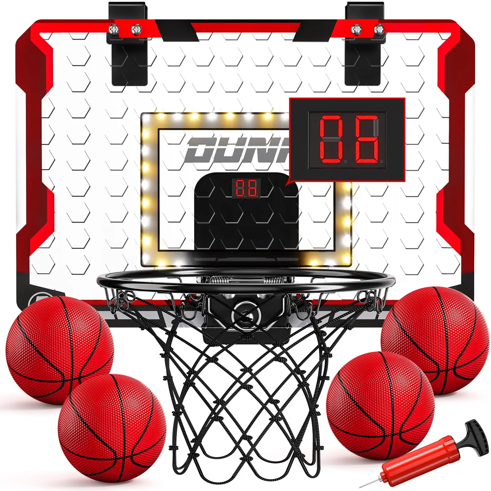TEMI Basketball Hoop Indoor, LED Lights and Sounds Basketball Hoop with 4 Balls & Electronic Scoreboard, Over The Door Basketball Hoop, Basketball Gifts for 3 4 5 6 7 8 9 10 Years Boys Girls Kids Teen