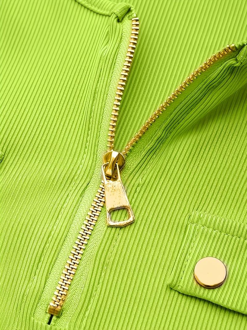 Product Introduction of Solid Ribbed Zipper Front T-Shirt, Casual Long Sleeve T-Shirt For Spring & Fall, Women's Clothing 4