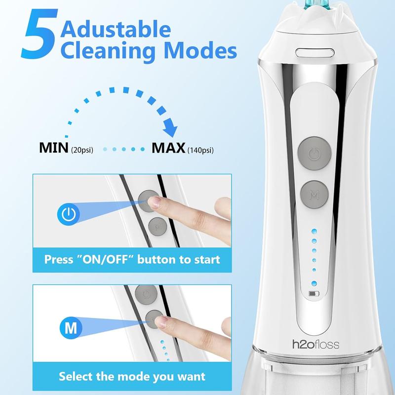 H2ofloss Water Flosser for Teeth Cordless, IPX7 Waterproof Oral Irrigator in 5 Modes, USB Recharged Water Dental Flosser with 30 Days Use, Gravity Ball for Upside Down Use, 300ml Water Tank (White) 6
