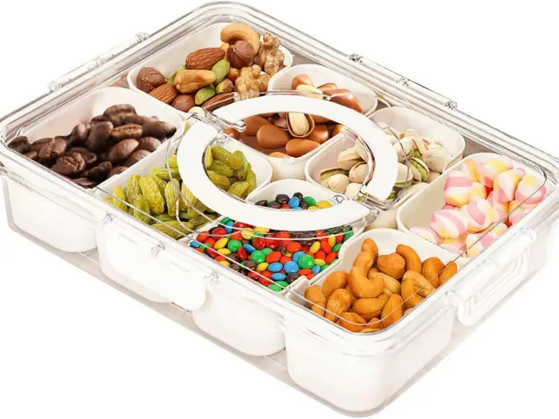 Divided Serving Tray with Lid & Handle, Snack Box Container , Plastic Portable Food Storage Container Snack Platters, 8 Removable Compartment Box for Parties, Reusable Appetizer Clear Organizer for Veggie, Candy, Fruit,Nut Kitchen Utensils Sturdy 0