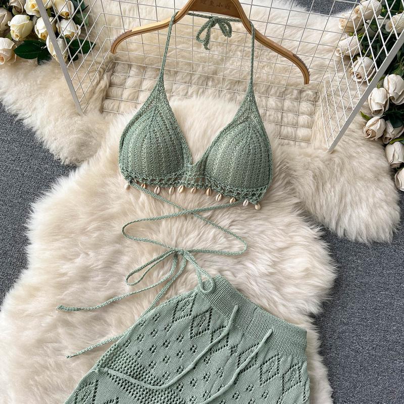 Product Introduction of SINGREINY Women Summer Knitted Set Halter Short Tops+ Hollow Wide Leg Long Pants Sets Shell Beach Sexy Backless Two Piece Suits 19