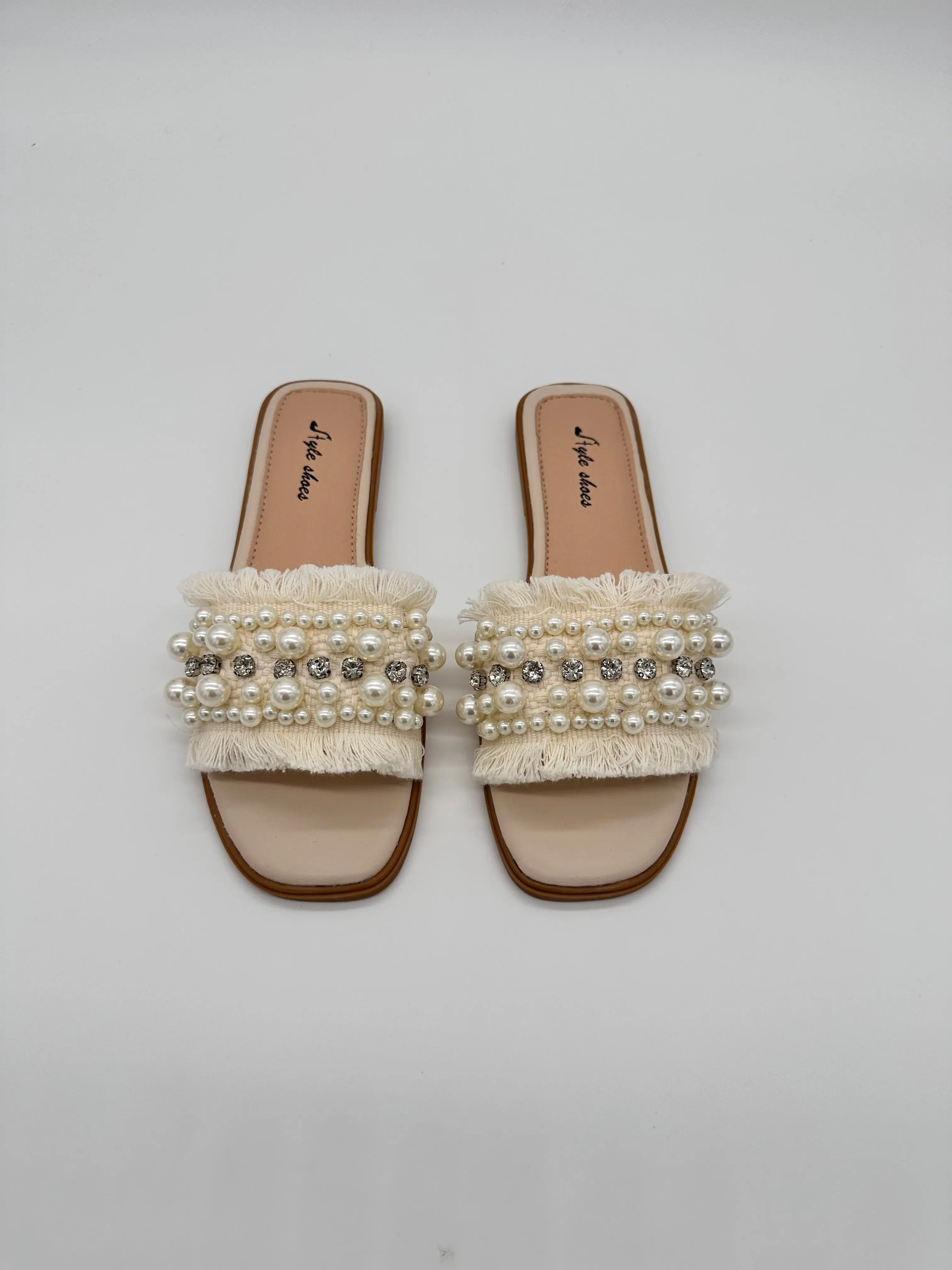 PEARL Cream Diamanté Studded Fluffy Trendy Ladies Flats