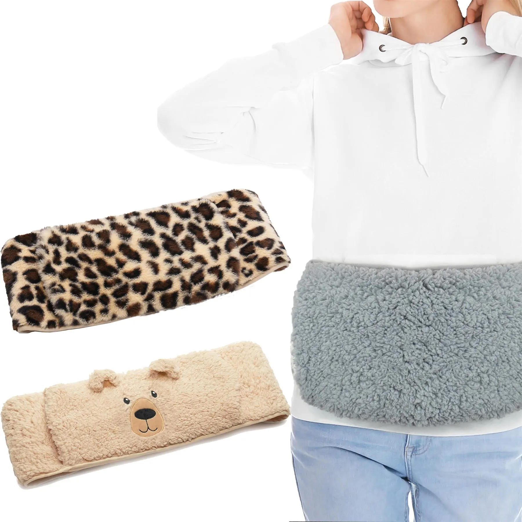 A2Z Hot Water Bottle 1 Litre Plush Wearable Waist Fleece Cover Leak Proof Hot Water Bag for Pain Relief Cosy Nights Belly, Hands, Back, Shoulder Legs & Waist Pain Relief, Period Pain Relief Faux Cream Fur Leopard Rubber Cup