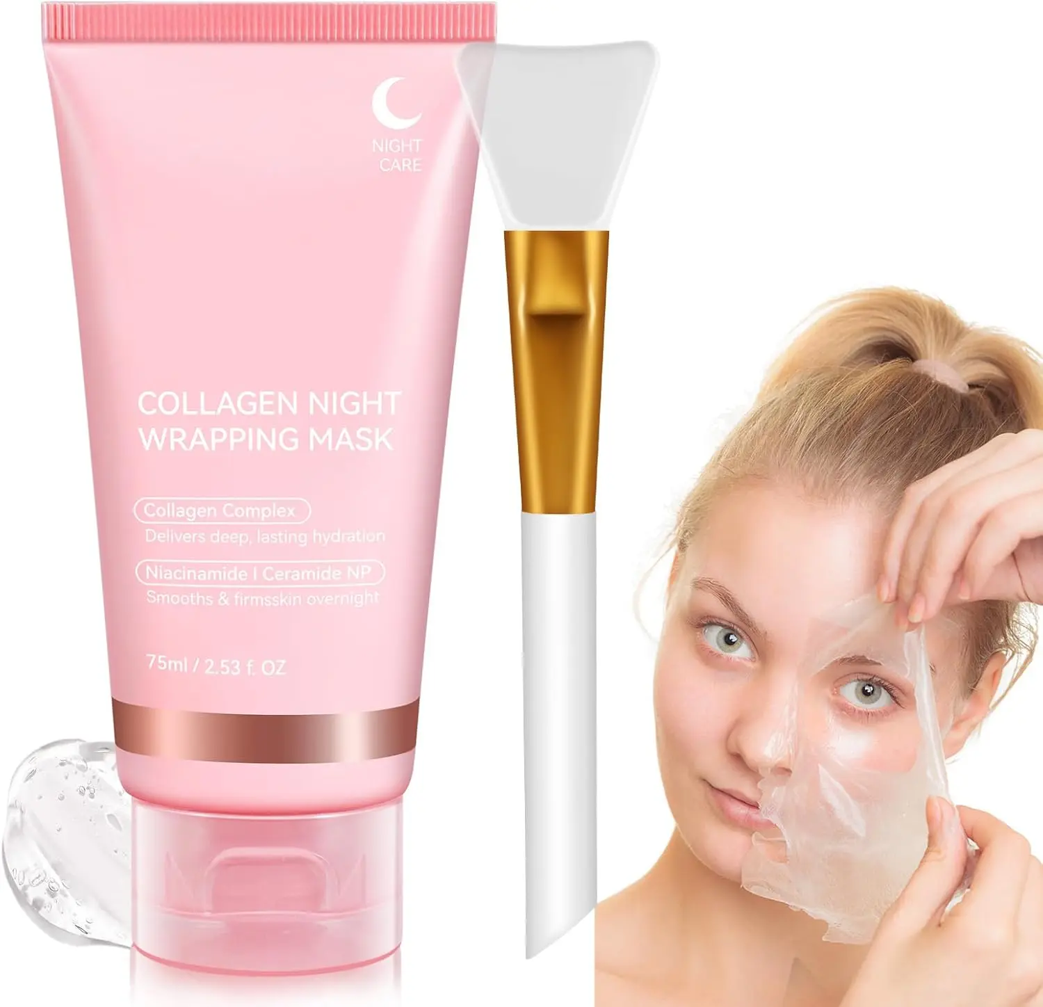 Collagen Night Wrapping Mask, Collagen Face Mask Overnight, 75ml Collagen Overnight Sleeping Mask - Deep Hydration, Reduces Wrinkle & Improves Skin Elasticity, Brush Included Skincare Comfort