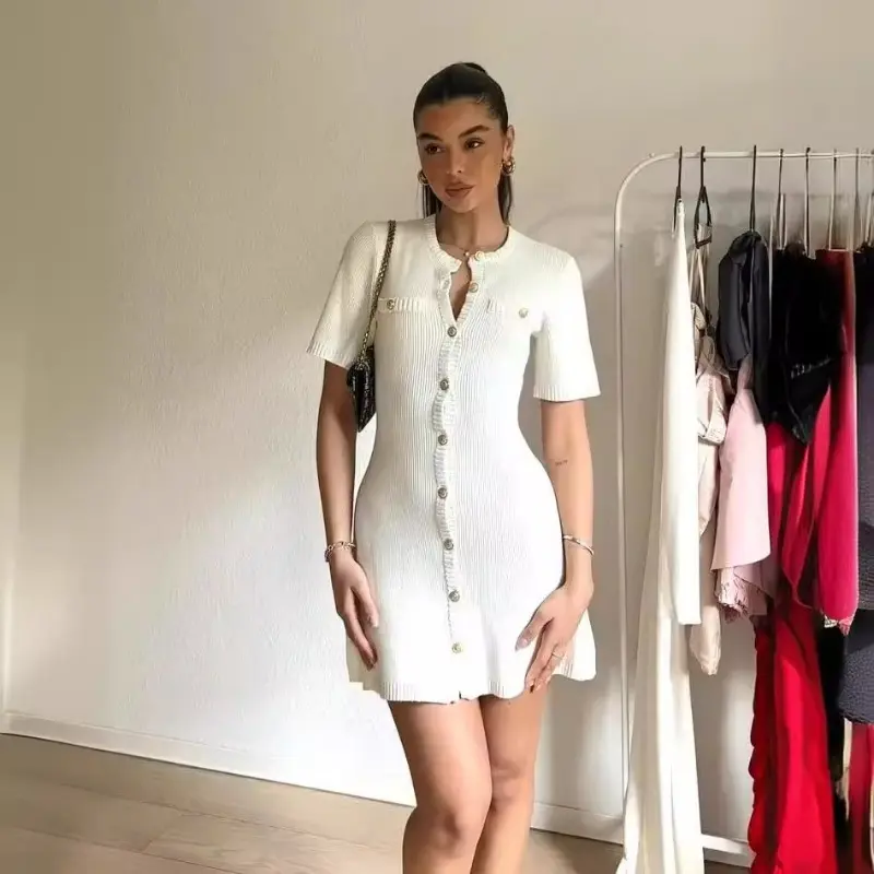 2025 Spring New Beauty Dress Knitted Short Sleeve Button Wool Dress Slim Fit Temperament Fashion Trendsetter Casual Womenswear Comfort Skinny Shortsleeve Basic Minimalist
