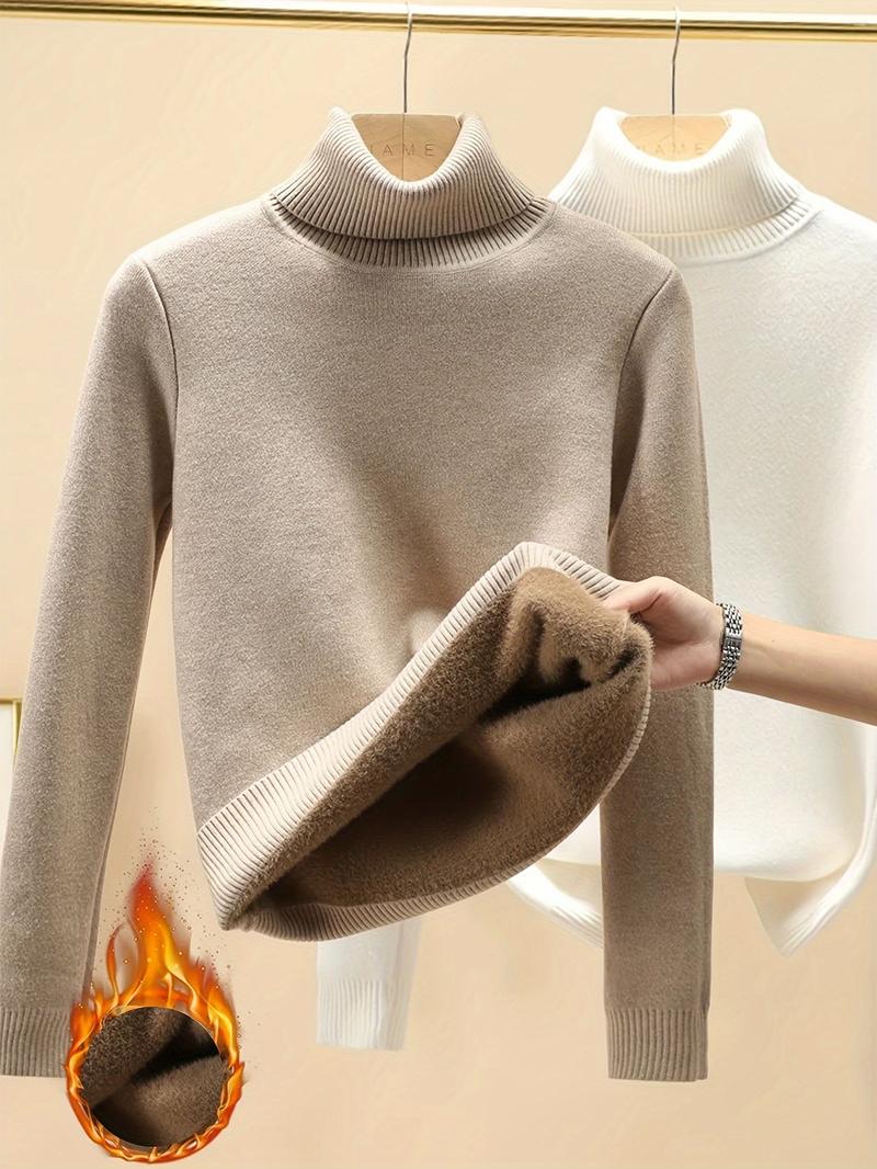 Product Introduction of Women's Thickened Fleece Lined Slim Fit Top, Warm Turtleneck Pullover, Casual Style Long Sleeve Base Layer Top For Winter Knitwear Womenswear Underwear Comfort Lady Knitting 0