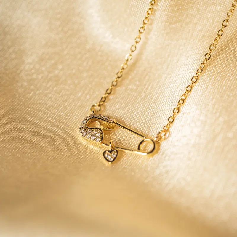 Gold Safety Pin Pendant Necklace, "Locked in My Heart" Symbol Necklace, Girlfriend Gift, Christmas Gift, Comes with a Beautiful Necklace Box, Tarnish-Resistant 5