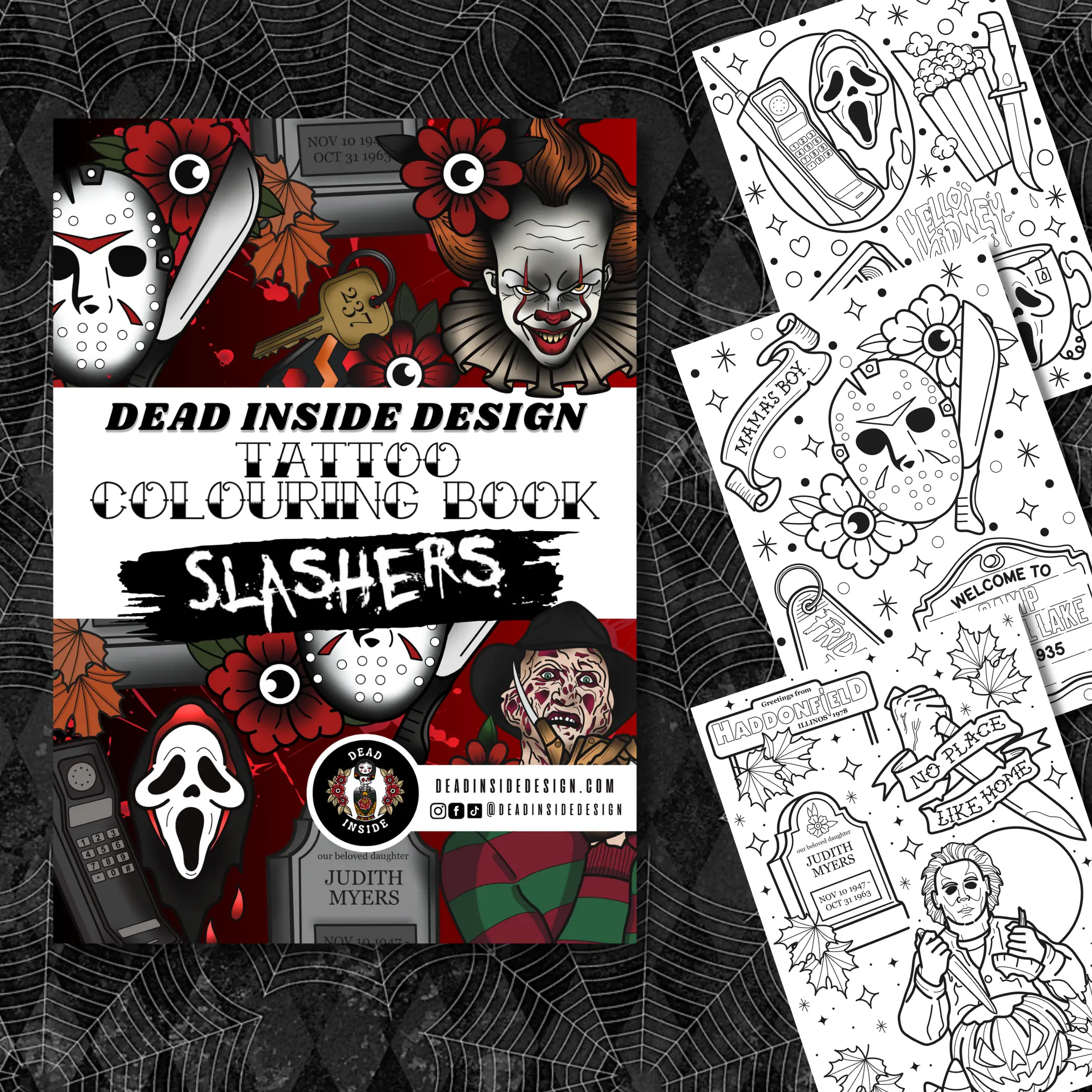 SLASHERS HORROR TATTOO COLOURING BOOK DEAD INSIDE DESIGN
