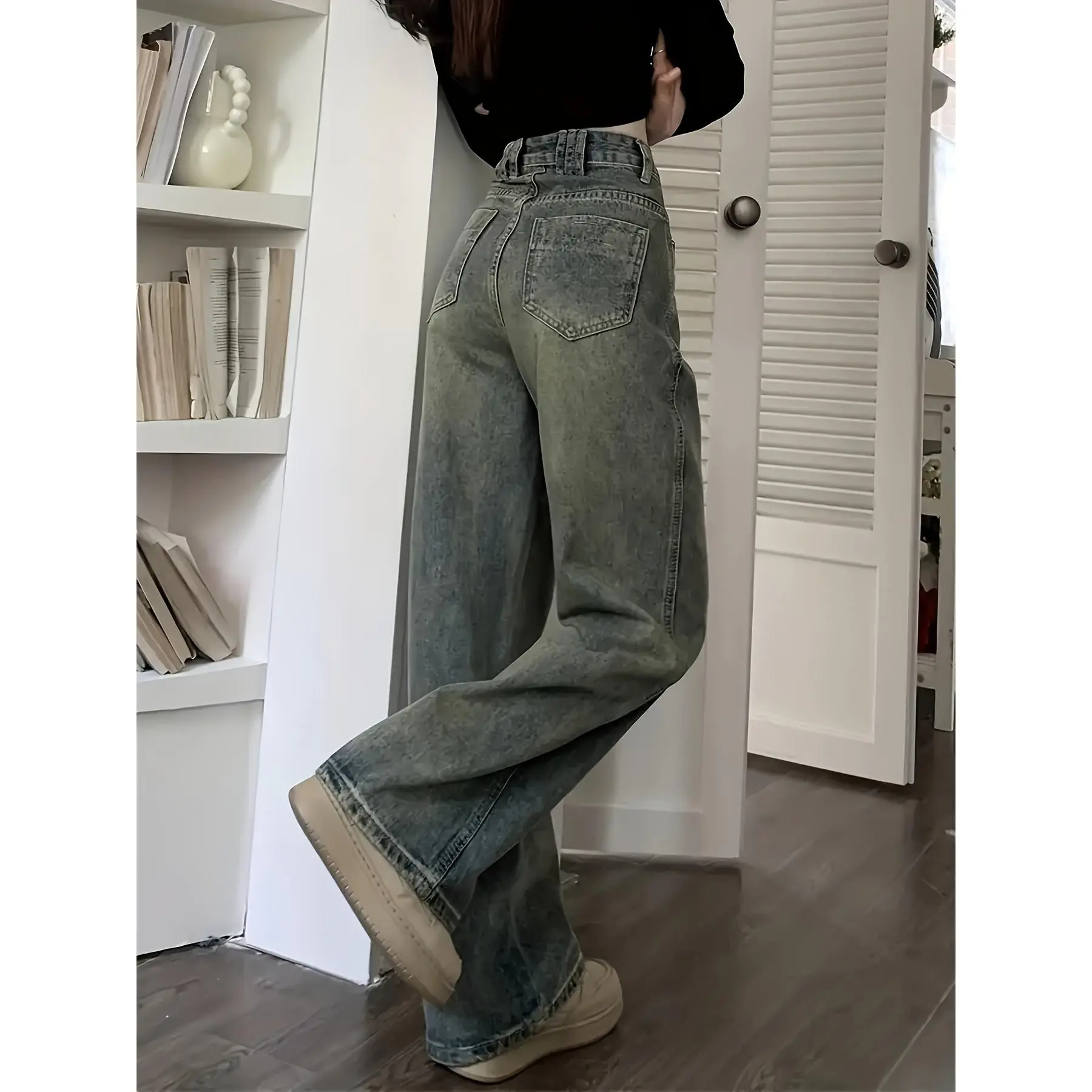 Vintage Wide Leg Jeans - Stylish Slant Pocket, Loose Fit, Baggy Denim, Soft Fabric, Comfortable Streetwear - Women's Fashionable Denim Pants & Clothing for Casual Daily Wear