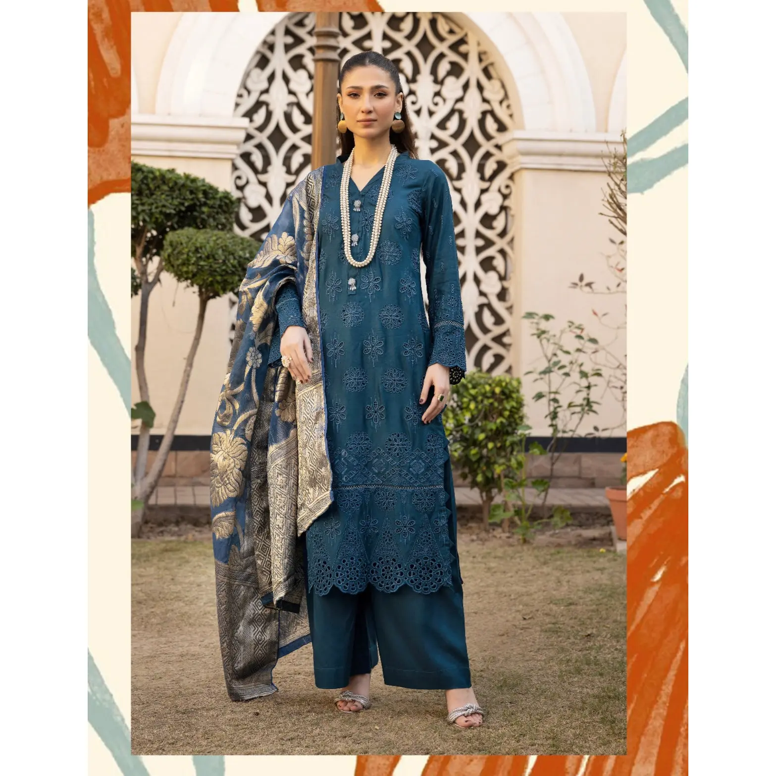 SIMRANS ‘Imagekari’ | Embroidered Linen Readymade | SM775 (Teal)