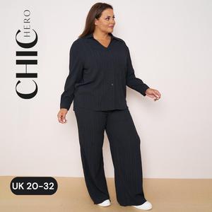 ChicHero Plus Size Texture Button Front Drop Shoulder Comfort Long Sleeve Shirt & Trouser Clothing Fabric Fit Women Womenswear Casual Elegance Love