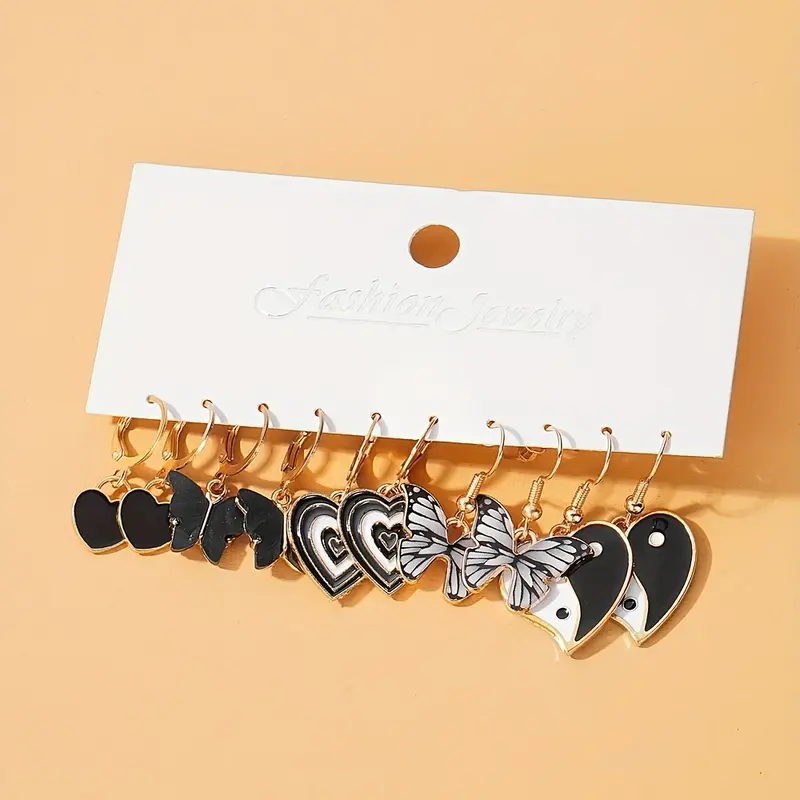 10 Pairs/ Set Hoop Earrings With Enamel Heart Butterfly Natural Stone Decor Y2K Punk Style Trendy Female Gift 5