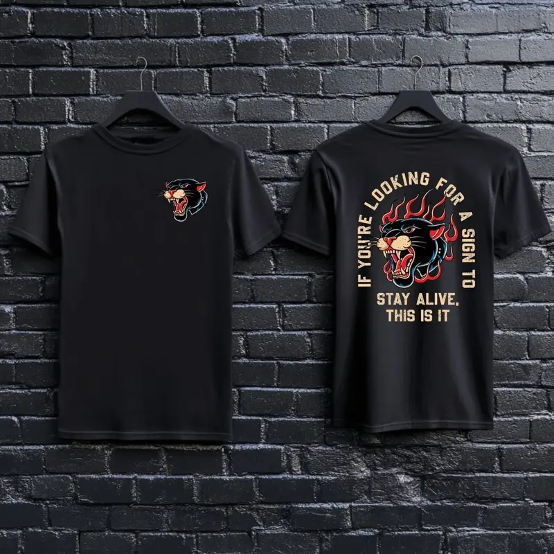 Stay Alive T-Shirt - Mental Health Awareness and Panther Design - Round Neck, Top, Casual, Man, Cotton, Menswear, Tropical, Streetwear 0