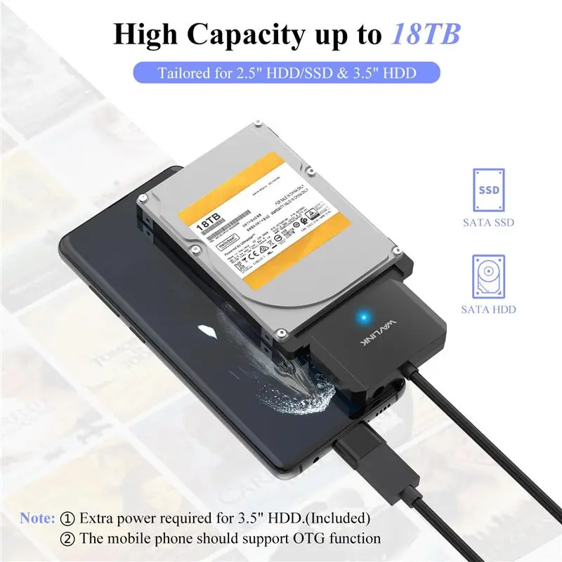 SATA III to USB 3.0 Cable Adapter, 5 Gbps USB 3.0 to SATA Adapter Converter/Connector for 3.5" HDD & 2.5" HDD/SSD with 12V2A Power Adapter, Max 18TB, UASP, TRIM, S.M.A.R.T, Auto-sleep Mode 6
