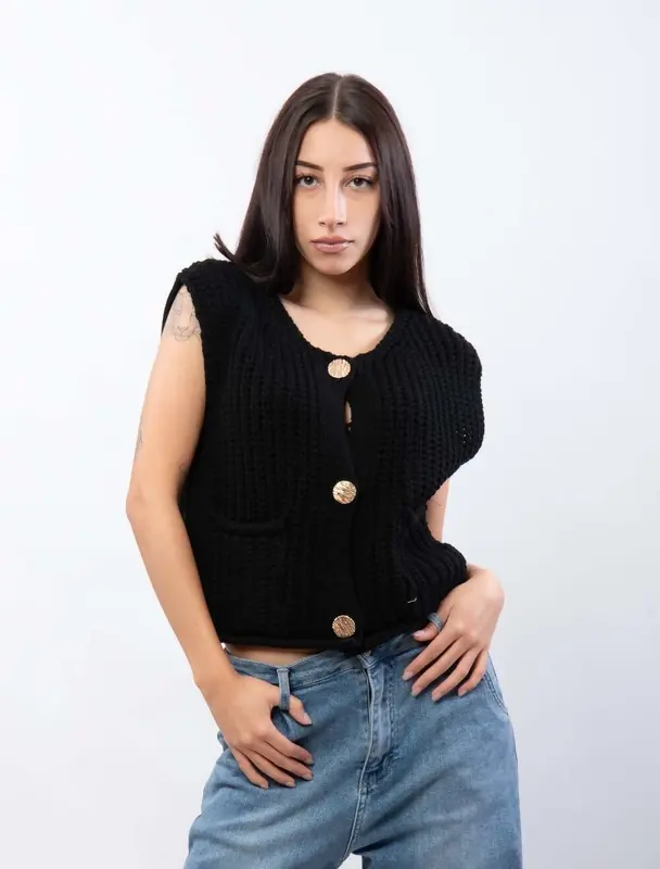 Tesfarz ONE Size(Fits UK 8-12) GOLD BUTTONED WOOL BLEND KNITTED VEST 2