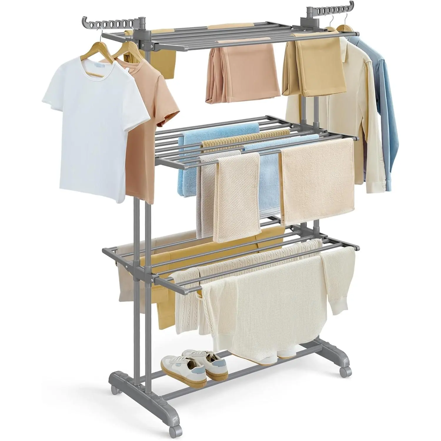 Large Clothes Airer, Foldable Clothes Drying Rack Laundry 4-Tier, Moveable Clothes Horse, 64 x 126 x 172 cm, Stainess Steel, Folding Wings, Easy Assembly, Indoor Outdoor Use, Grey LLR701G01