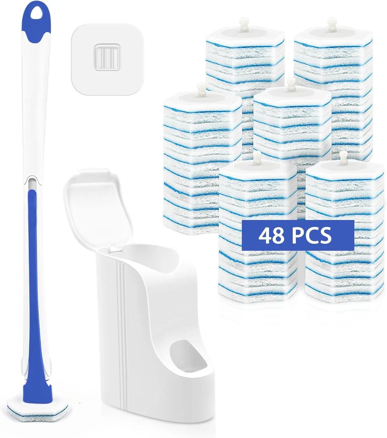 Disposable Toilet Brush and Holder Set with 48 Cleaner Refills, Wall Mounted Bathroom Bowl Cleaning Wand System for Bathtub Sink Wash Basin (Blue) Rechargeable