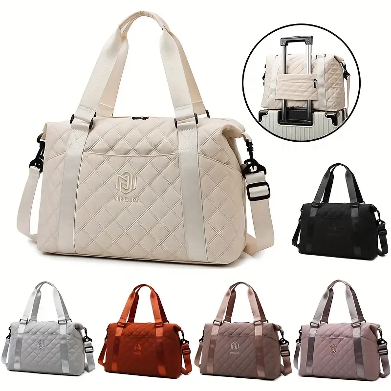 Large Capacity Argyle Pattern Travel Luggage Bag, Solid Color Duffle Bag, Portable Overnight Bag