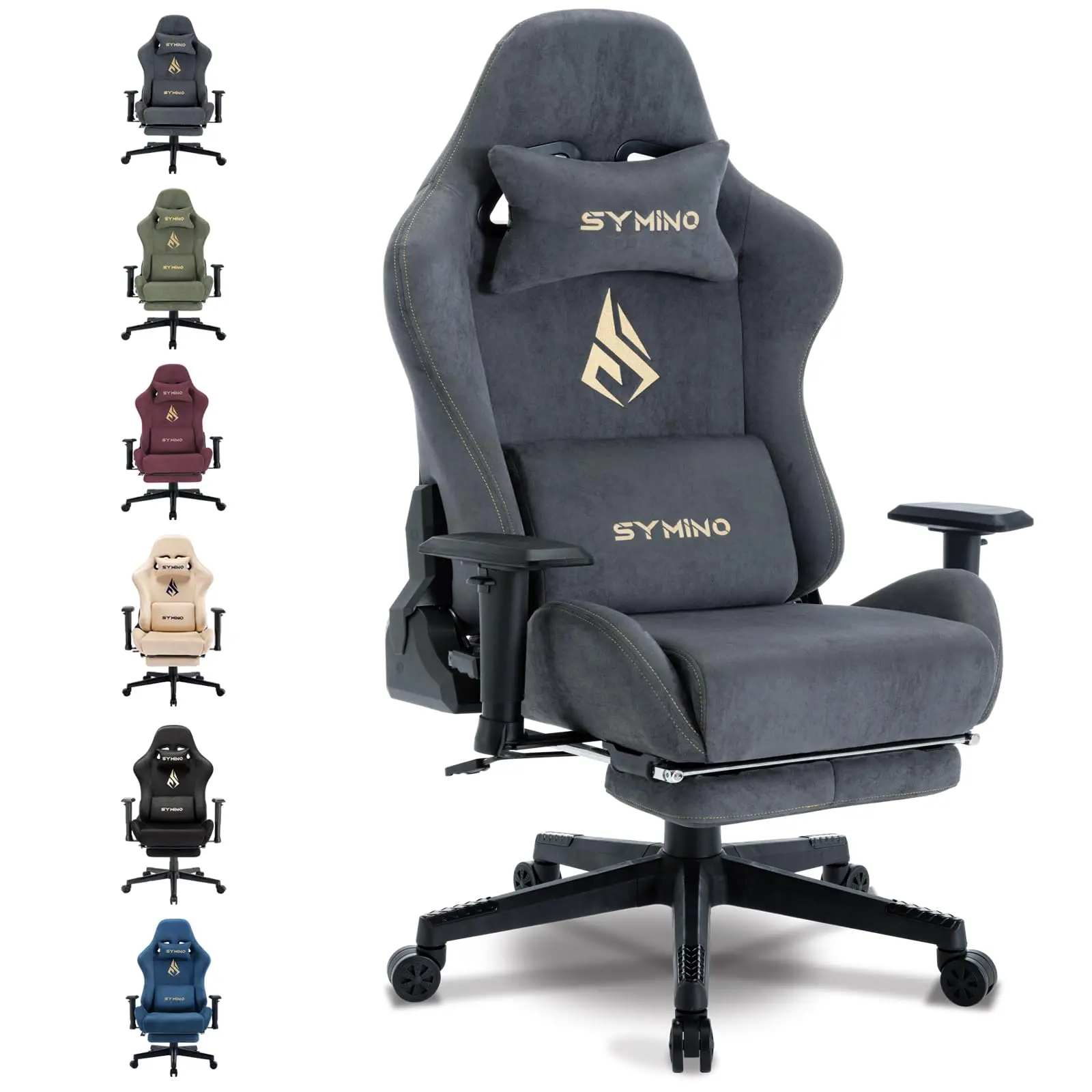 Symino Gaming Chair, Computer Chair with Footrest, Headrest and Lumbar Support, Ergonomic PC Chair, Height Adjustable Rotating Task Chairs, Gray
