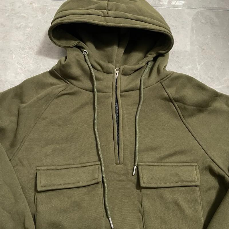 Half Zipper Men's Tactical Hoodies Solid Warm Fleece Military Sweatshirts Multi Pockets Male Hooded Jackets Thick Outdoor Polar Menswear Tops 4