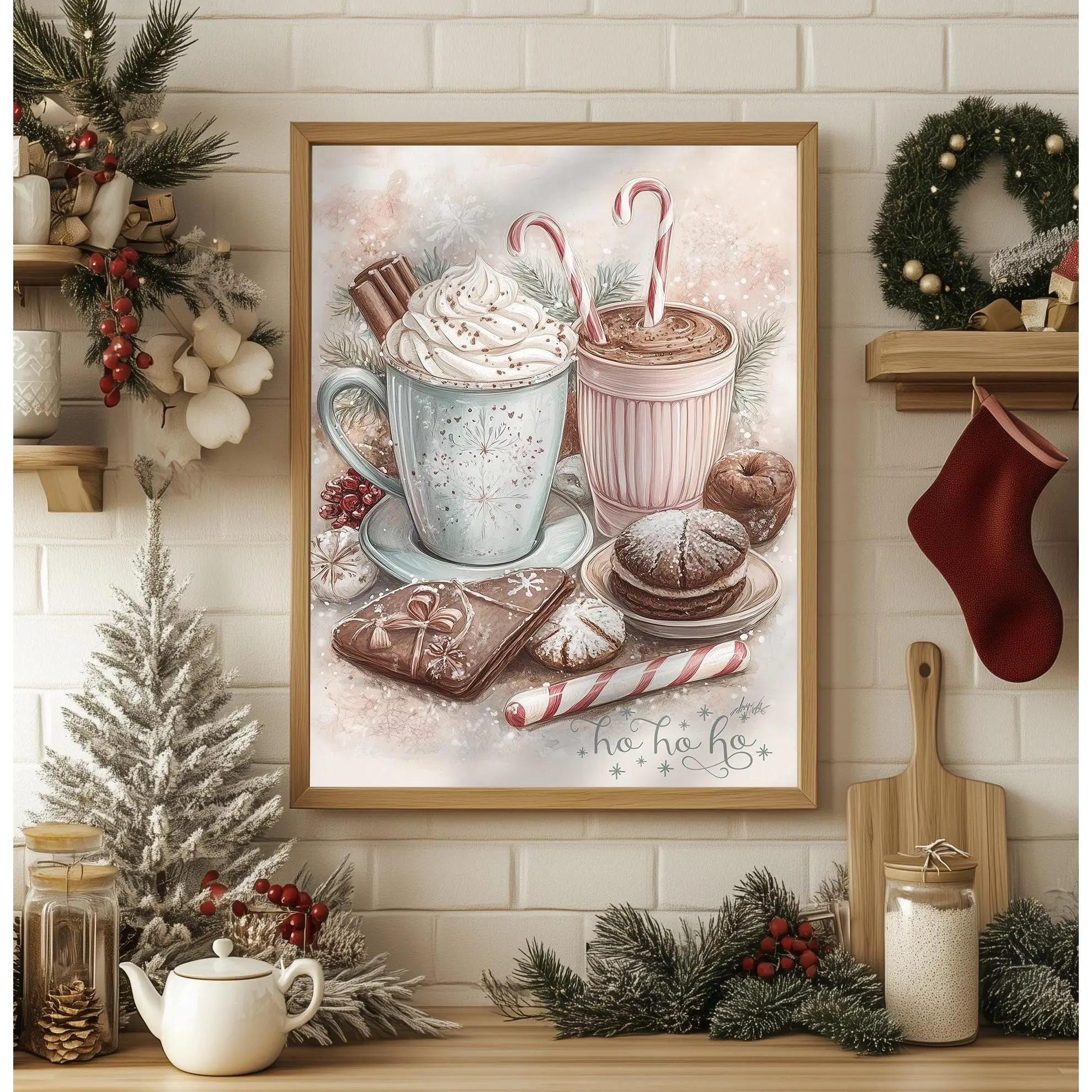 Ho Ho Ho" Hot Cocoa Art Print - Christmas Kitchen Decor, Vintage Holiday Sign, Festive Winter Wall Art, Cozy Xmas Gift