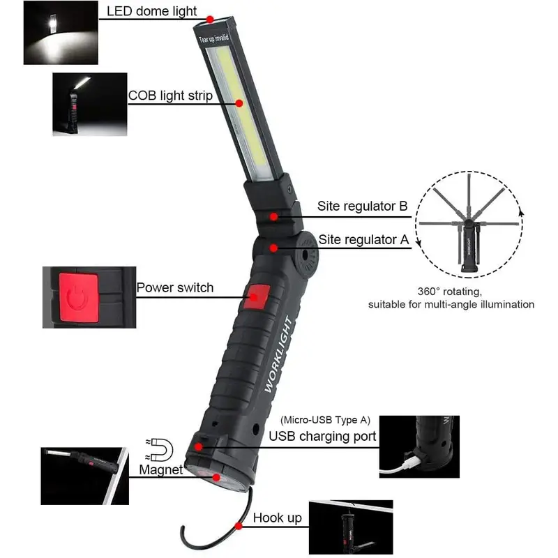 USB Rechargeable COB LED Work Light, 360° Rotatable 4 Modes Portable Light with Magnetic Base, Work Light for Outdoor & Repair Use 6